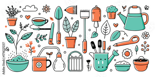 Charming gardening collection decorative elements featuring tools pots plants watering can and more