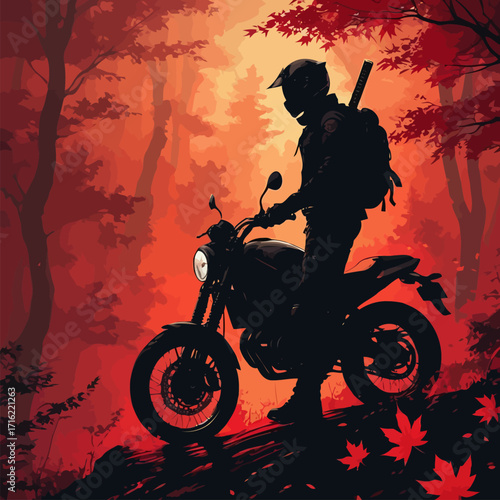 vector silhouette of a biker in a mountain background, carrying a katana