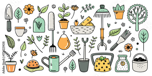 Charming doodle collection of gardening tools plants and flowers for your garden