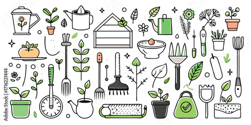 Gardening tools collection sketch elements for creative projects and designs