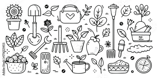 Hand drawn garden tools and plants line art elements for cultivation projects