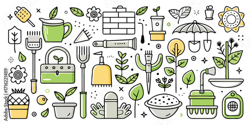 Charming hand-drawn garden tools and supplies collection for planting