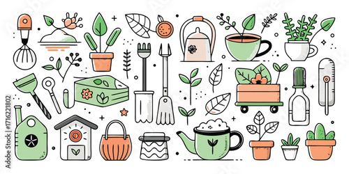 Whimsical hand-drawn gardening tools and plants collection for a cheerful garden vibe