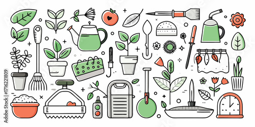 Collection of charming hand-drawn gardening tools and supplies for your garden projects