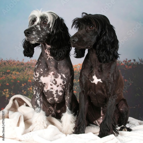 Two dogs sitting, fluffy, floral background