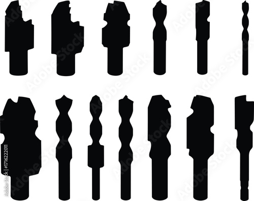silhouette, drill, bit, profile, tool, cut, bore, hole, wood, metal, carpentry, construction, equipment, vector, black, icon, design, hardware, mechanic, workshop