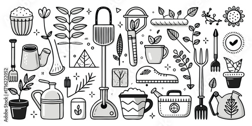 Charming hand-drawn gardening tools and plants collection elements for your garden design