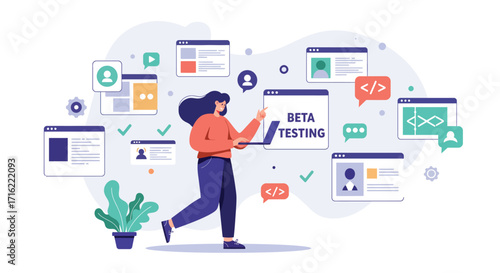 Software beta testing concept with developer interacting with code elements and ui design vector illustration
