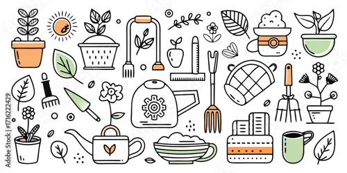 Whimsical gardening tools and plants hand-drawn line art sketch collection