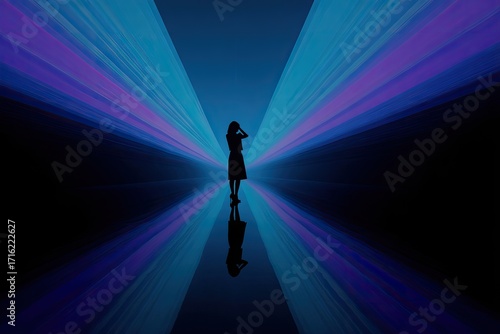 Woman in a Light Tunnel, Abstract Art, Reflective Floor, Colorful Light Beams.