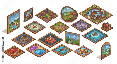 Isometric fantasy map collection vector illustration for game design and decoration