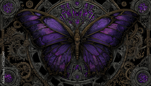 Intricate purple butterfly with ornate gothic patterns and dark mystical background