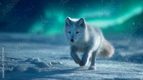Arctic fox running across snowy landscape under aurora