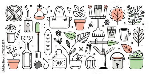 Collection of hand-drawn gardening tools and supplies for your garden adventures