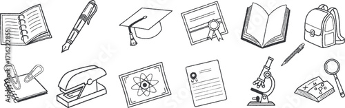 Hand-drawn school doodles including notebook, pen, graduation cap, diploma, book, backpack, stapler, microscope, magnifying glass, and science icons. Perfect for education and study themes.