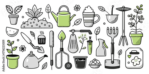 Doodle style gardening tools and plants collection for home gardeners