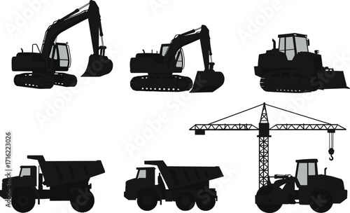 silhouette, excavator, bulldozer, dump, truck, crane, roller, construction, machinery, equipment, industrial, engineering, vector, earthmoving, transportation, building, site, heavy, vehicle, tools