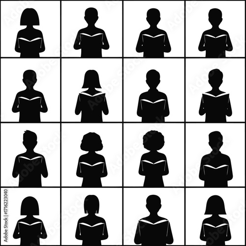 Vector art of silhouettes of people reading books