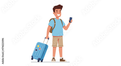 Young traveler with luggage and smartphone in casual summer attire