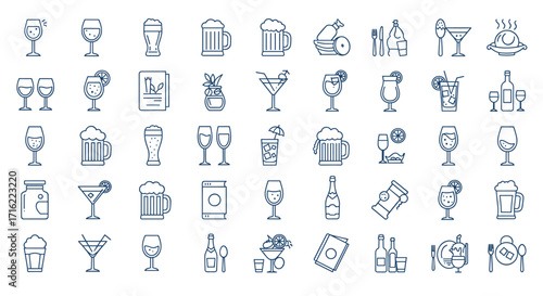 Elegant line art collection of drinks and food icons for modern design projects