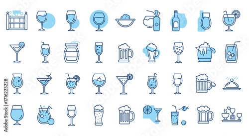 Minimalist drink icons collection: wine, cocktails, beer, juices, bar essentials