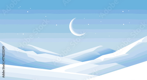 Serene winter landscape with crescent moon and snowy mountains
