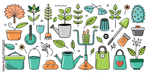 Collection of whimsical gardening tools and plants in hand drawn style