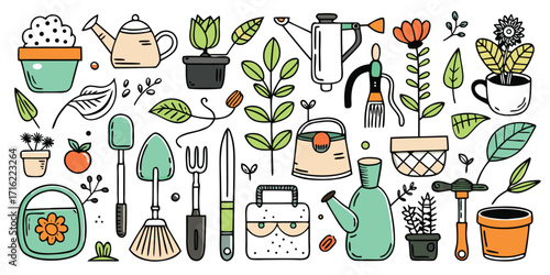 Whimsical hand drawn gardening tools and plants for a charming garden scene