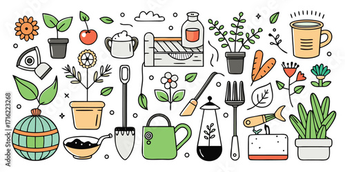Charming doodle collection of gardening tools and plants for a lush garden