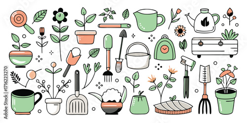Whimsical collection of gardening tools and plants for a creative garden