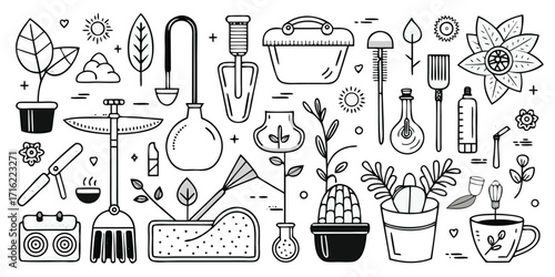 Collection of hand-drawn gardening tools plants and pots for gardeners and hobbyists