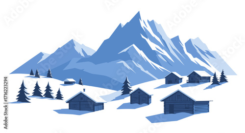 Winter mountain landscape with snowy cabins in minimalist style
