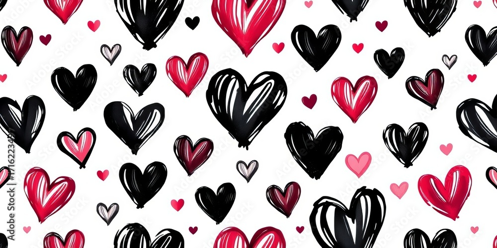 Black ink brushstroke hearts seamless pattern  A hand-drawn vector illustration of love symbols, seamless pattern, abstract
