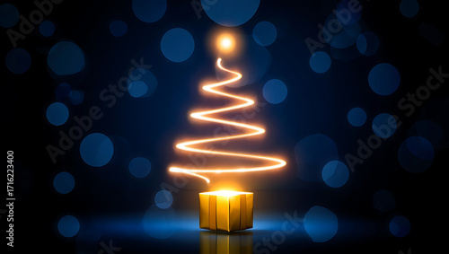 Festive Christmas Tree Made of Light with Golden Gift Box on a Dark Blue Bokeh Background Holiday Celebration