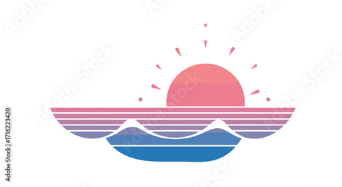 Retro sunrise over ocean with geometric shapes in gradient colors