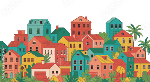 Colorful neighborhood with vibrant houses and lush greenery in flat art style