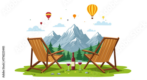 Scenic mountain retreat with hot air balloons and wine in flat design