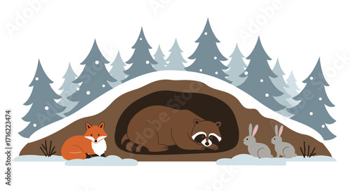 Winter forest scene with raccoon in den and woodland animals