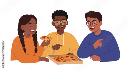 Friends enjoying pizza together in a casual gathering