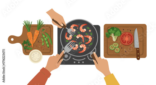 Hands cooking shrimp with vegetables on stove - flat design