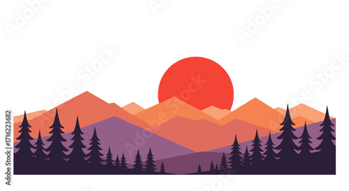 Sunset over layered mountain landscape with silhouetted pine trees