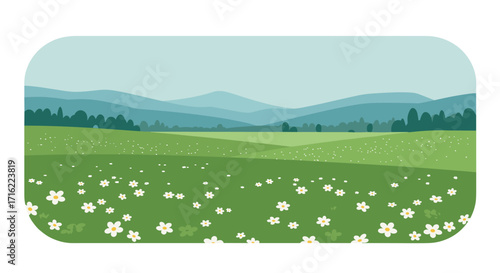 Peaceful spring meadow with daisies and rolling hills in flat design