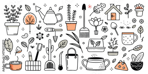 Whimsical hand drawn gardening tools and plants collection for a lush garden
