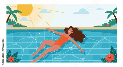 Relaxing tropical pool day with sunshine and palm trees