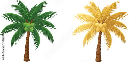 Tropical coconut palm tree illustration with green leaves, yellow leaves, exotic beach plant design, summer nature artwork, tropical island decoration