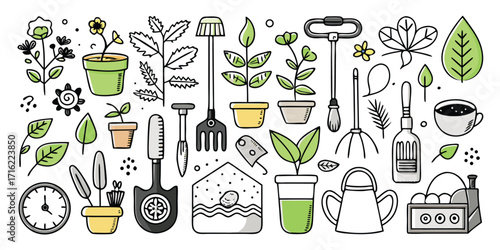 Collection of hand-drawn gardening tools plants pots watering cans and clock for garden enthusiasts