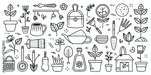 Whimsical hand drawn gardening tools and plants doodle collection