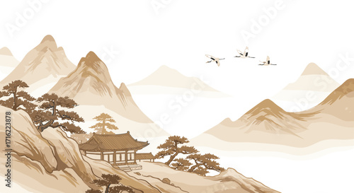 Tranquil oriental landscape with mountains, pines, and flying cranes