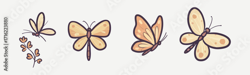 Butterflies flying flat against a white background in vector format.