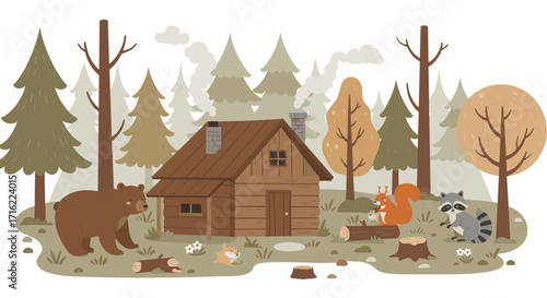 Cozy woodland cabin with forest animals in autumn setting